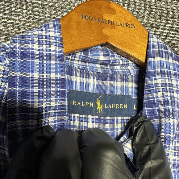 Ralph Lauren Shirt Men's Large Blue Plaid Long Sleeve Button Down Brown Pony - Picture 3 of 14